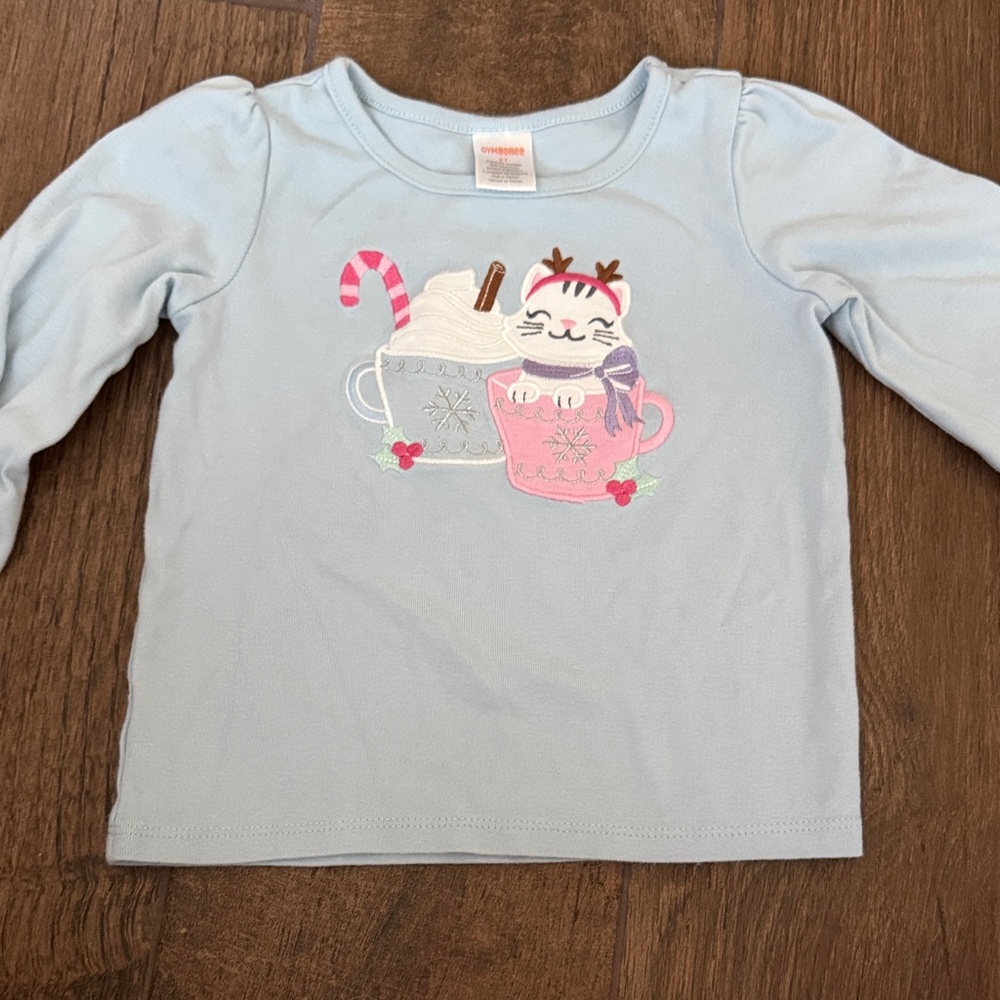Gymboree Light Blue Long Sleeve Tee with Cat and Mug Design